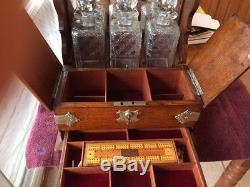 Antique English Tantalus, C. 1870 Liquor case with 3 cut glass decanters