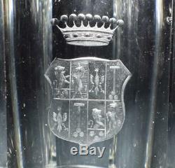 Antique Engraved Glass Decanter Pair Baronet/Count Coat of Arms c1890s Victorian