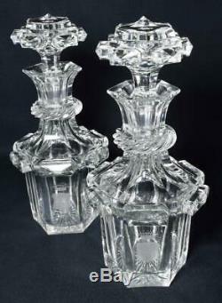 Antique Engraved Glass Decanter Pair Baronet/Count Coat of Arms c1890s Victorian