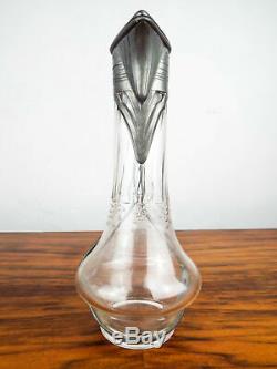 Antique European Jugenstil Art Nouveau Cut Glass Wine Water Jug Pewter Decanter