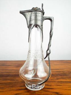 Antique European Jugenstil Art Nouveau Cut Glass Wine Water Jug Pewter Decanter