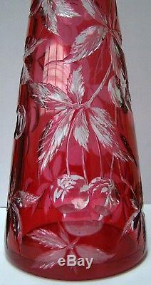 Antique French Baccarat Decanter Fruit Design Red Cranberry Cut to Clear Signed
