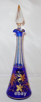 Antique French Blue Cut Glass Decanter with Gilt Grape Decoration