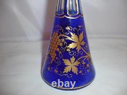 Antique French Blue Cut Glass Decanter with Gilt Grape Decoration