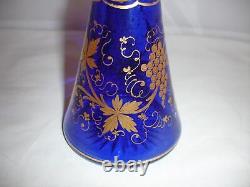 Antique French Blue Cut Glass Decanter with Gilt Grape Decoration