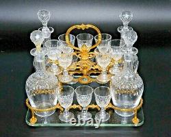 Antique French Brass Tantalus Cabinet Caddy Box&Cut Glass Cordial Decanter Set
