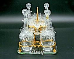 Antique French Brass Tantalus Cabinet Caddy Box&Cut Glass Cordial Decanter Set