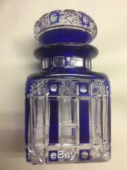 Antique French Cobalt Blue Cut To Clear Glass Decanter Jar Bottle Signed Nancy