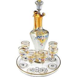 Antique French Cut Crystal Raised Enamel Gilt Liquor Service Decanter Cordials