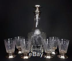 Antique French Diamond Point Cut Crystal Glass Decanter & 6 Cordials 800 Silver
