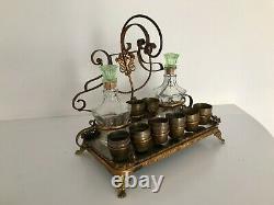 Antique French Liquor Set With Stand Decanters / Shot Bowls In Ormolu Gold Gilt