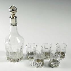 Antique French Sterling Silver Cut Crystal Liquor Service Decanter Shot Glasses