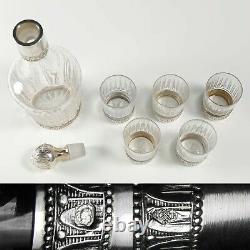Antique French Sterling Silver Cut Crystal Liquor Service Decanter Shot Glasses