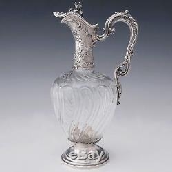 Antique French Sterling Silver Cut Glass Tall Claret Jug Wine Decanter Ewer