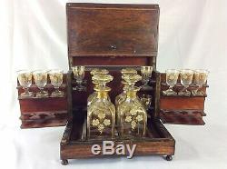 Antique French Tantalus liquor cabinet w glass decanters & cut glass cordials