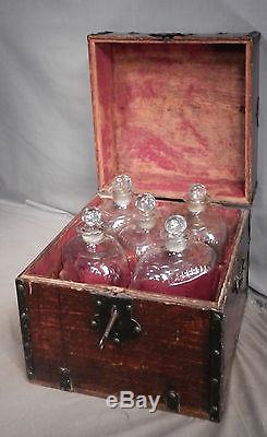 Antique Georgian Iron Bound Oak Tantalus Cellarette Oak Box Cut Glass Bottles