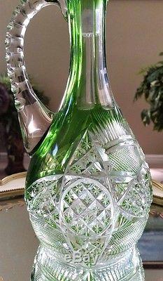 Antique Green Cut to Clear Cut Glass Pitcher Decanter, EXCELLENT