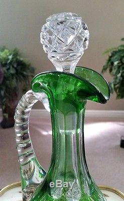 Antique Green Cut to Clear Cut Glass Pitcher Decanter, EXCELLENT