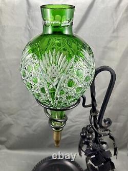 Antique Hand Blown Green Cut To Clear Crystal Wine Aerator Decanter with Stand