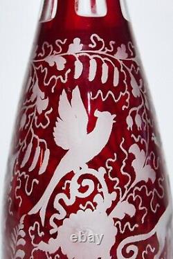 Antique Hand Crafted Bohemian Cranberry Cut to Clear Glass Czech Tall Decanter
