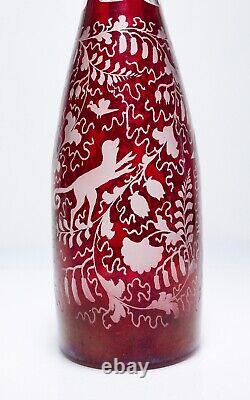 Antique Hand Crafted Bohemian Cranberry Cut to Clear Glass Czech Tall Decanter