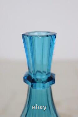 Antique Hand Cut Paneled Electric Blue Glass Open Decanter Bar Bottle 11 Tall