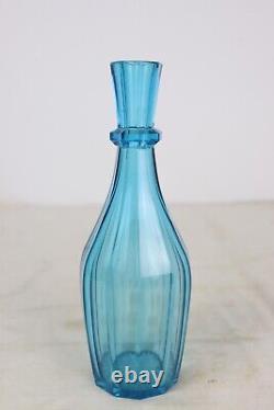 Antique Hand Cut Paneled Electric Blue Glass Open Decanter Bar Bottle 11 Tall