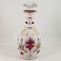 Antique Hand Painted Moser Czech Bohemian Cut To Cranberry Glass Decanter