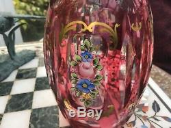 Antique MOSER CZECH cranberry cut crystal DECANTER enamel cased gilded glass