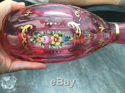 Antique MOSER CZECH cranberry cut crystal DECANTER enamel cased gilded glass