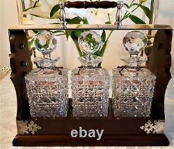 Antique Mahogany Tantalus With 3 Glass Decanters