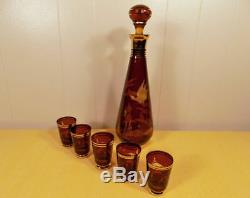 Antique Moser Bohemian glass amber decanter & cordial set wheel cut w ducks gold