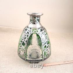Antique Moser Decanter Sterling Silver Overlay Engraved Green Cut-to-Clear Czech