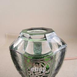 Antique Moser Decanter Sterling Silver Overlay Engraved Green Cut-to-Clear Czech