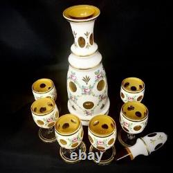 Antique Moser Glass Decanter Set Cased White Overlay Cut to Amber Hand Painted
