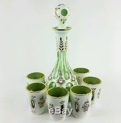 Antique Moser Glass Decanter Set White Overlay Cut to Green