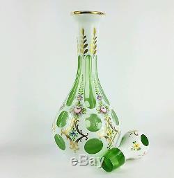 Antique Moser Glass Decanter Set White Overlay Cut to Green