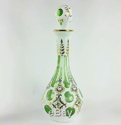 Antique Moser Glass Decanter Set White Overlay Cut to Green