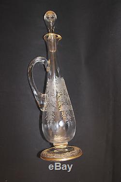 Antique Mosher Cut Glass Gold Enmaneled Quatrefoil Liqueur Set Decanter and Cups
