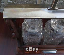 Antique Nickel Plated & Oak Tantalus with 3 Hobnail Cut Decanters