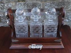 Antique Nickel Plated & Oak Tantalus with 3 Hobnail Cut Decanters