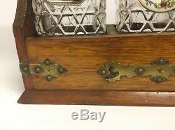 Antique Oak & Brass Tantalus & Three Lead Crystal Decanters Lock & Key