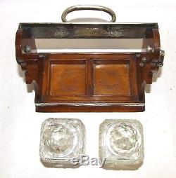 Antique Oak & Nickle Plated Tantalus With Two Lead Crystal Decanters Lock & Key