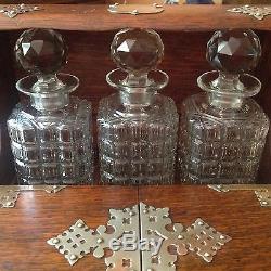 Antique Oak Tantalus Chest 3 Cut Crystal Liquor Decanter Bottles