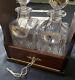 Antique Oak Tantalus & Key-two Royal Scot Lead Crystal Decanters + Silver Labels