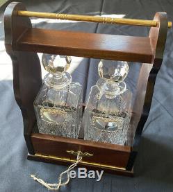 Antique Oak Tantalus & Key-Two Royal Scot Lead Crystal Decanters + Silver Labels