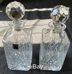 Antique Oak Tantalus & Key-Two Royal Scot Lead Crystal Decanters + Silver Labels