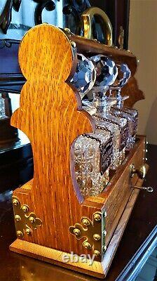 Antique Oak Tantalus With 3 Glass Decanters
