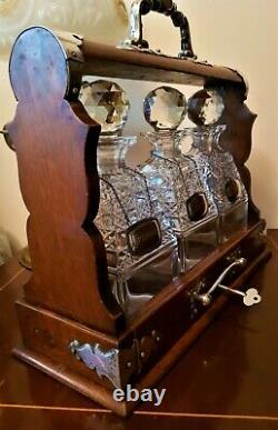 Antique Oak Tantalus With 3 Glass Decanters