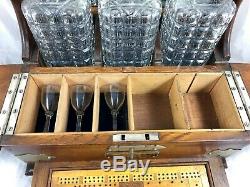 Antique Oak Three Bottle Tantalus Games Compendium Decanters & Glasses